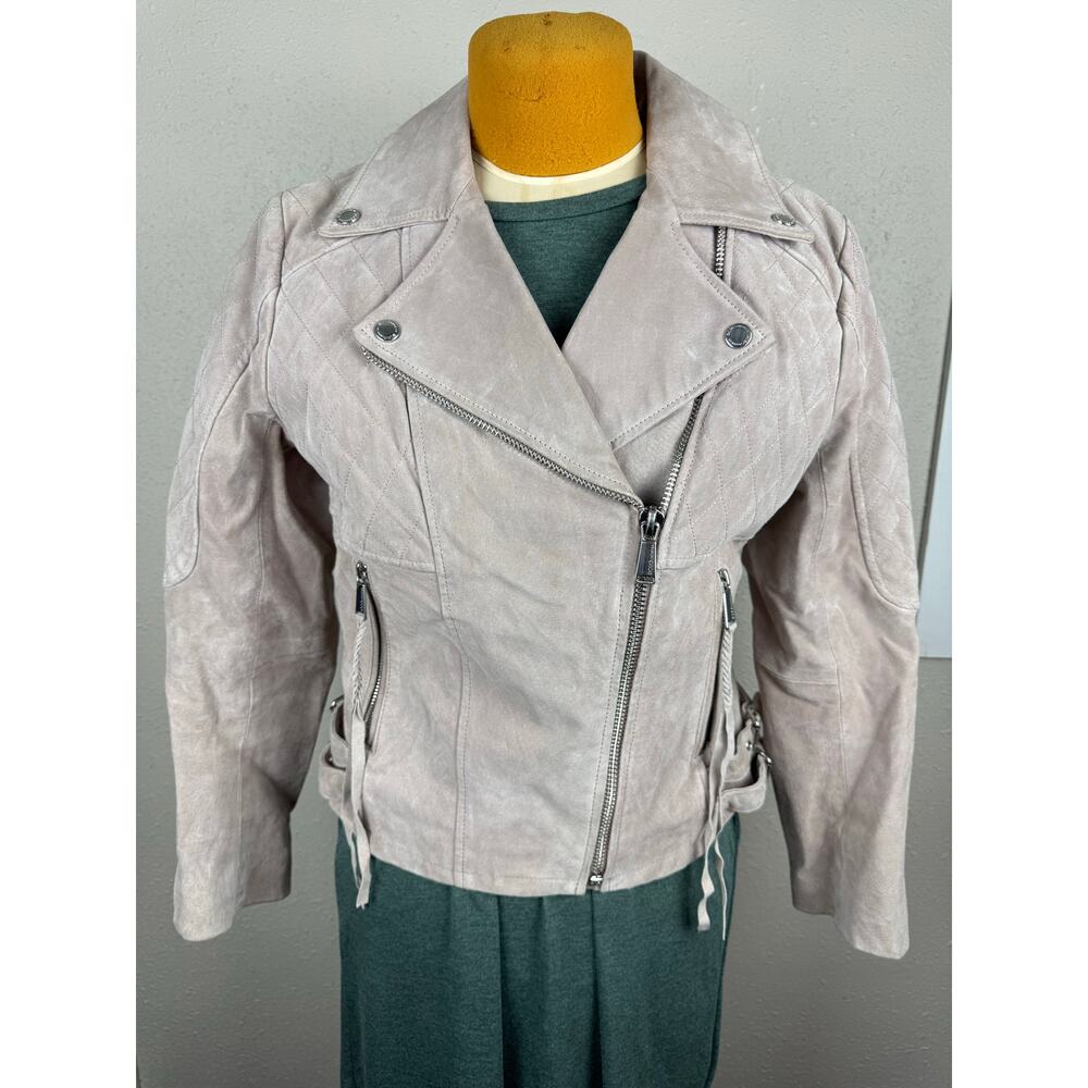 BCBG Leather motto jacket blush pink beige women’s size medium